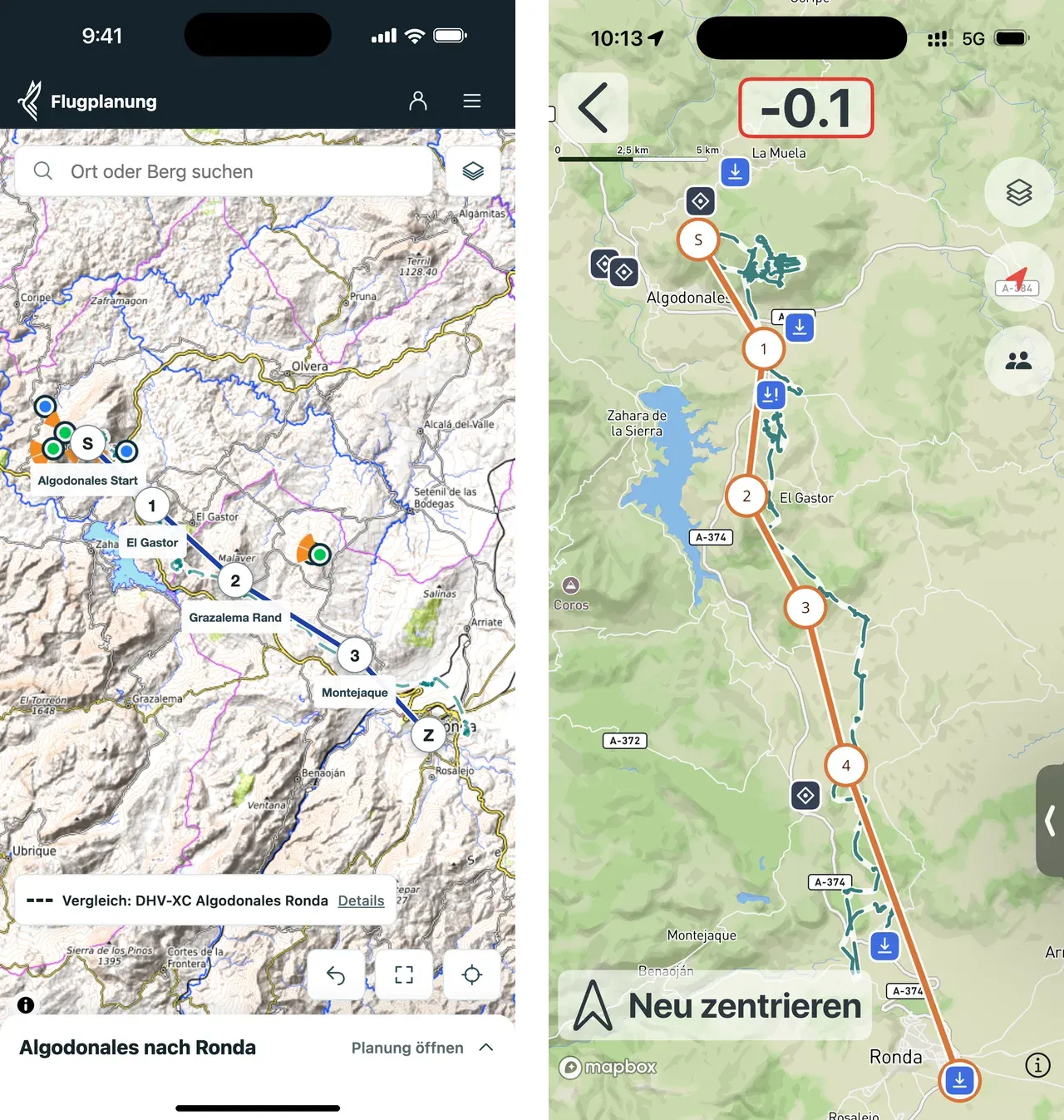 Links: Planer auf dem Handy mit Route von Algodonales nach Ronda und gestricheltem Vergleichsflug. Rechts: dieselbe Route mit Vergleichsflug in der Vario One App im Flug