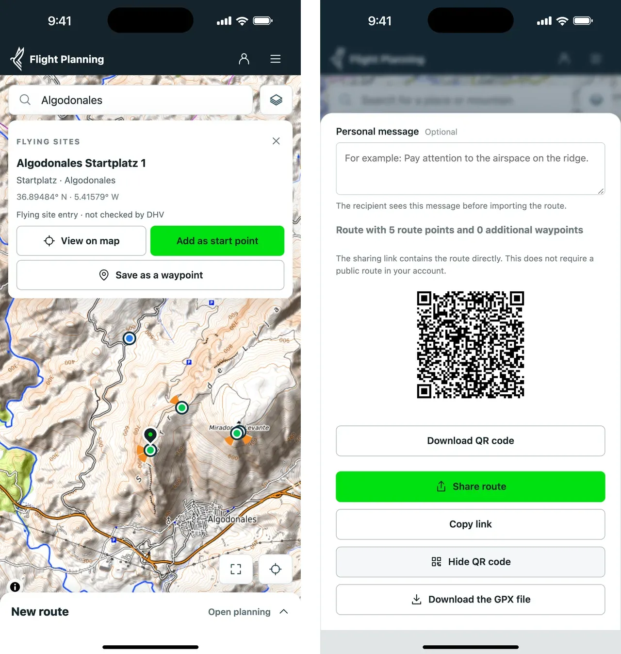 Left: launch site Algodonales found in the search. Right: QR code for sharing the route