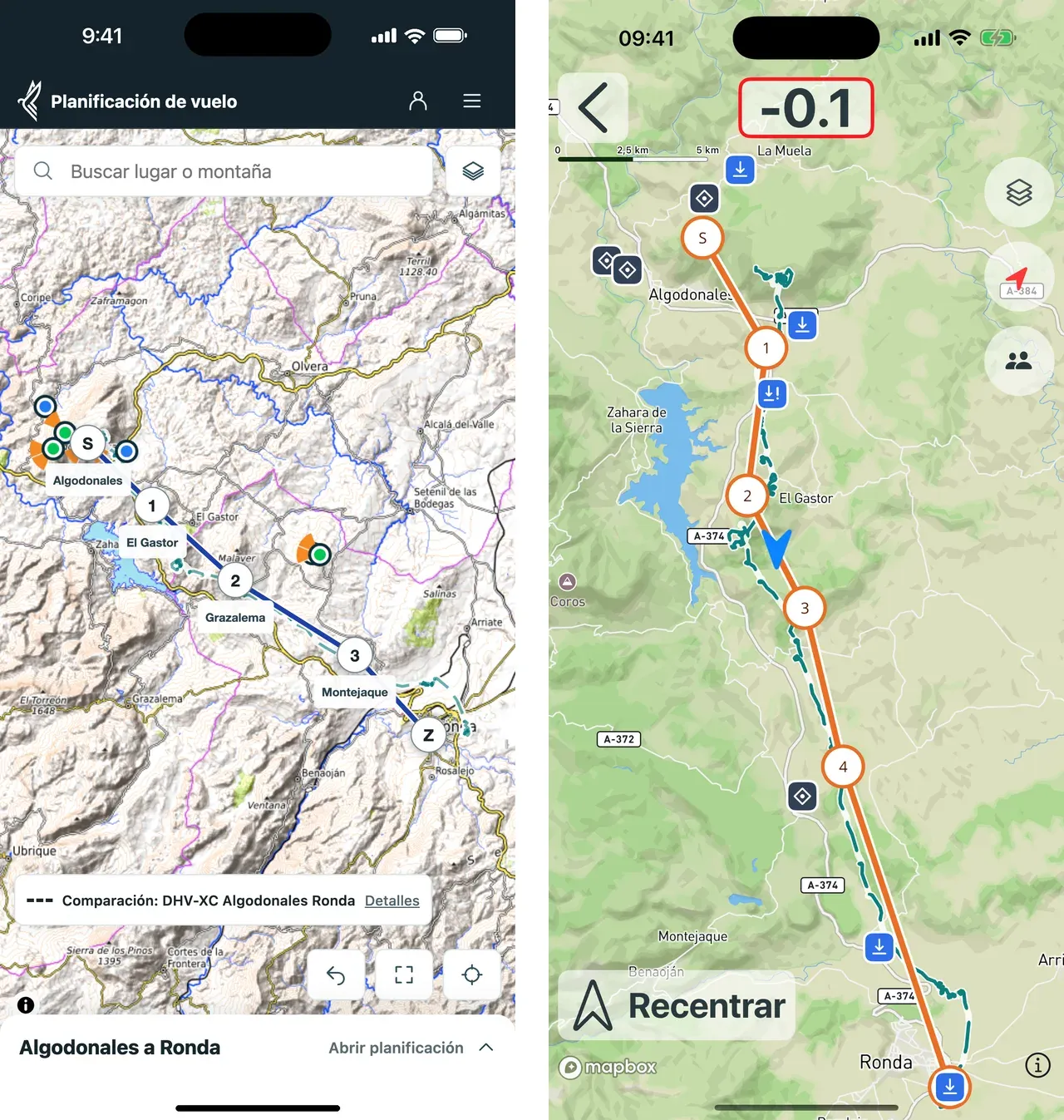Izquierda: planificador en el móvil con la ruta de Algodonales a Ronda y un vuelo de comparación discontinuo. Derecha: la misma ruta con el vuelo de comparación en la app Vario One en vuelo