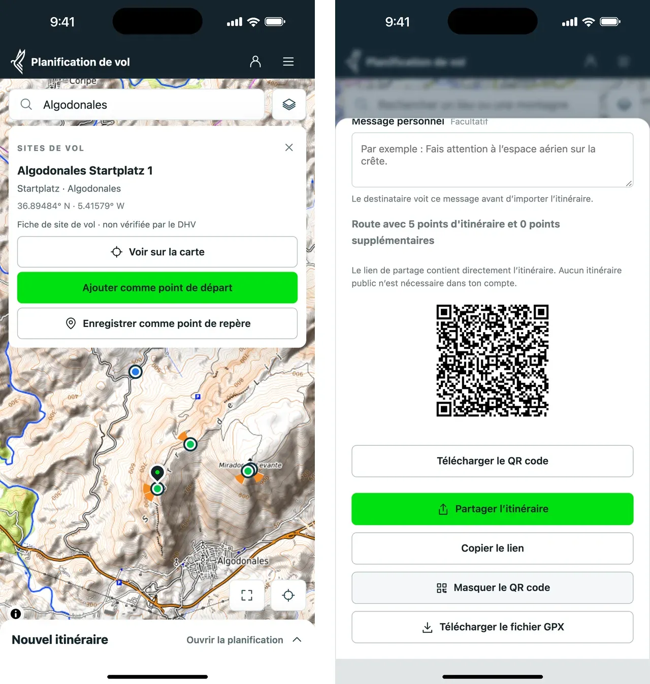 À gauche : décollage d’Algodonales trouvé par la recherche. À droite : QR code pour partager l’itinéraire