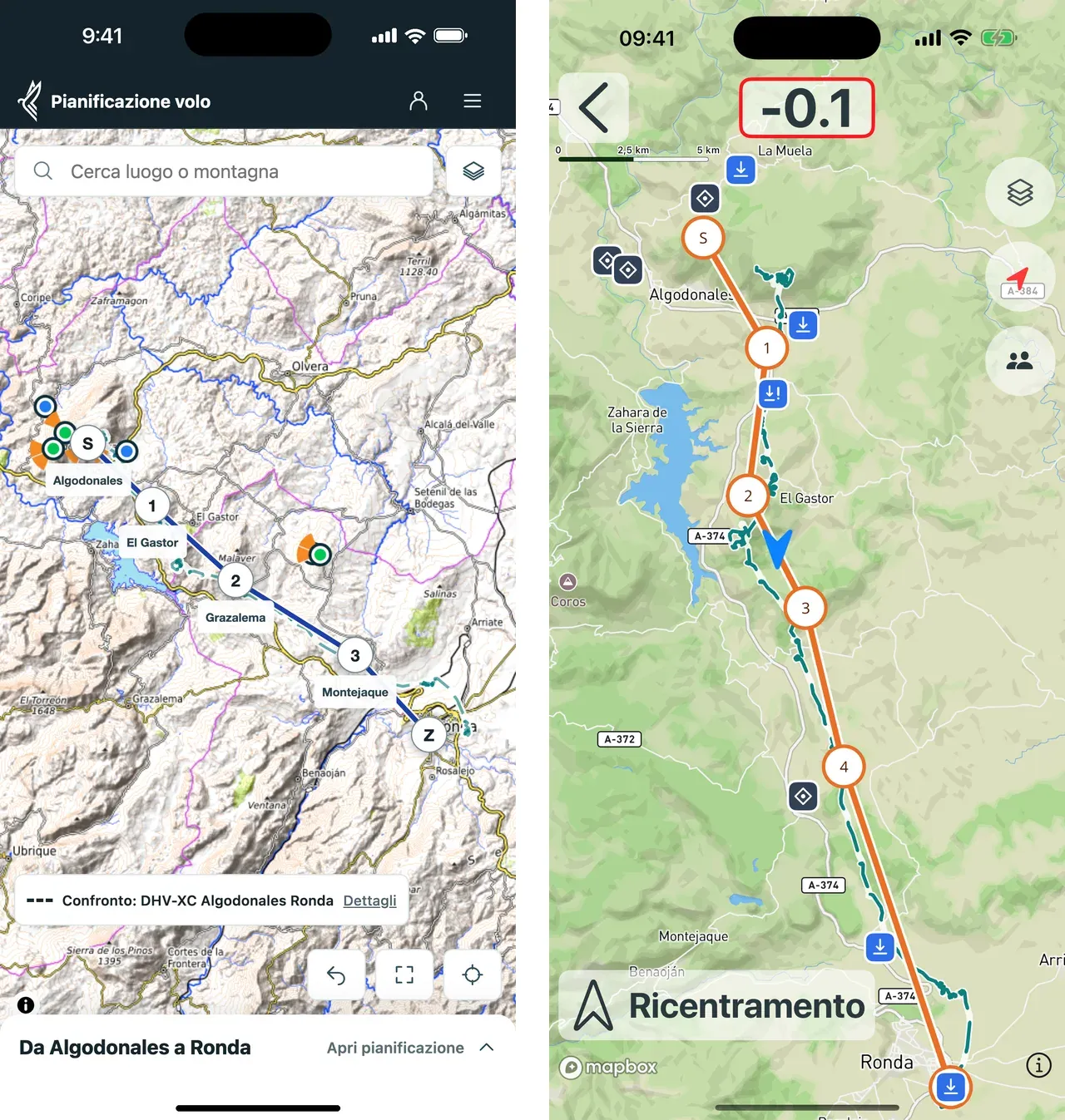 A sinistra: pianificatore sul telefono con il percorso da Algodonales a Ronda e un volo di confronto tratteggiato. A destra: lo stesso percorso con il volo di confronto nell’app Vario One in volo