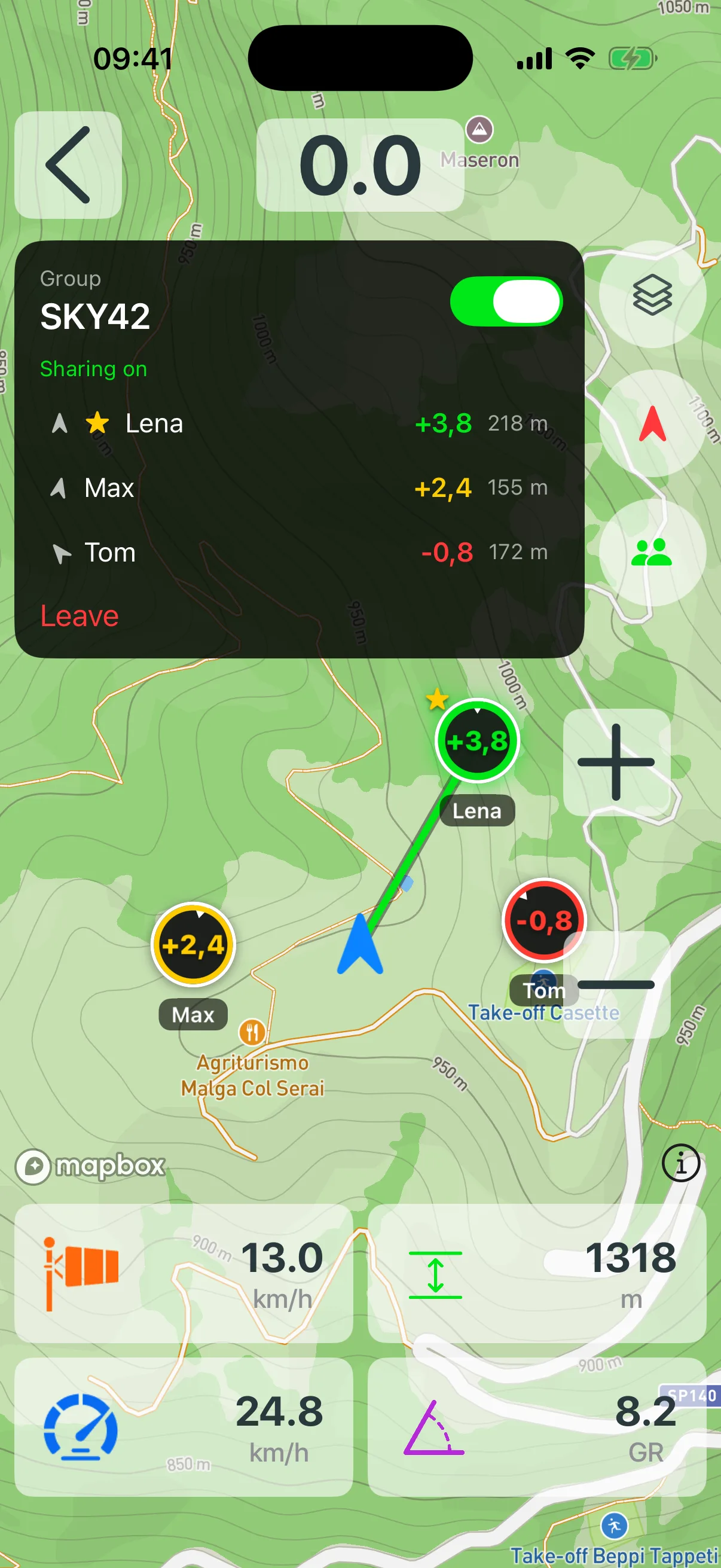 Buddy group in Vario One with member list, climb rates and the best climber