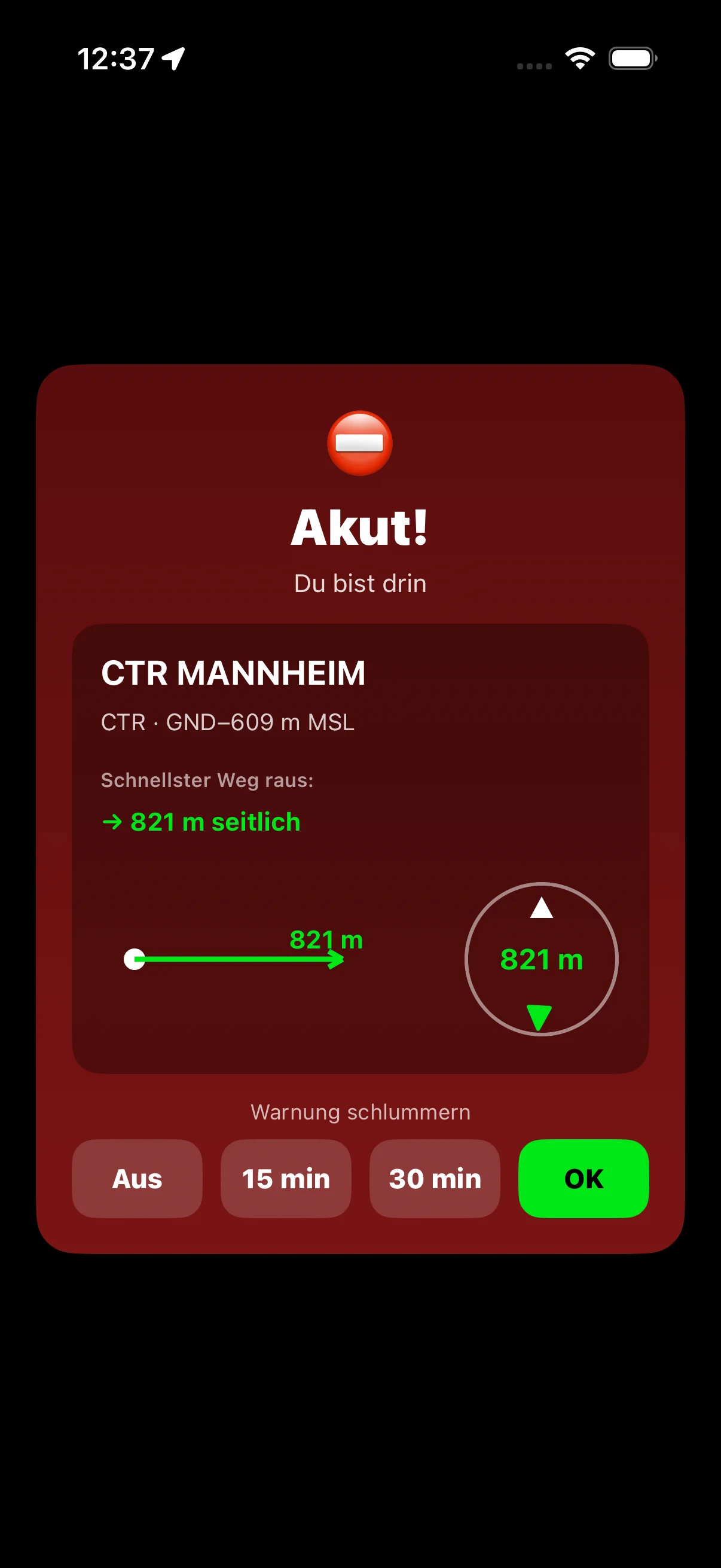 Luftraum-Akutwarnung Vollbild: Akut! Du bist drin in CTR MANNHEIM – mit Schlummer-Optionen