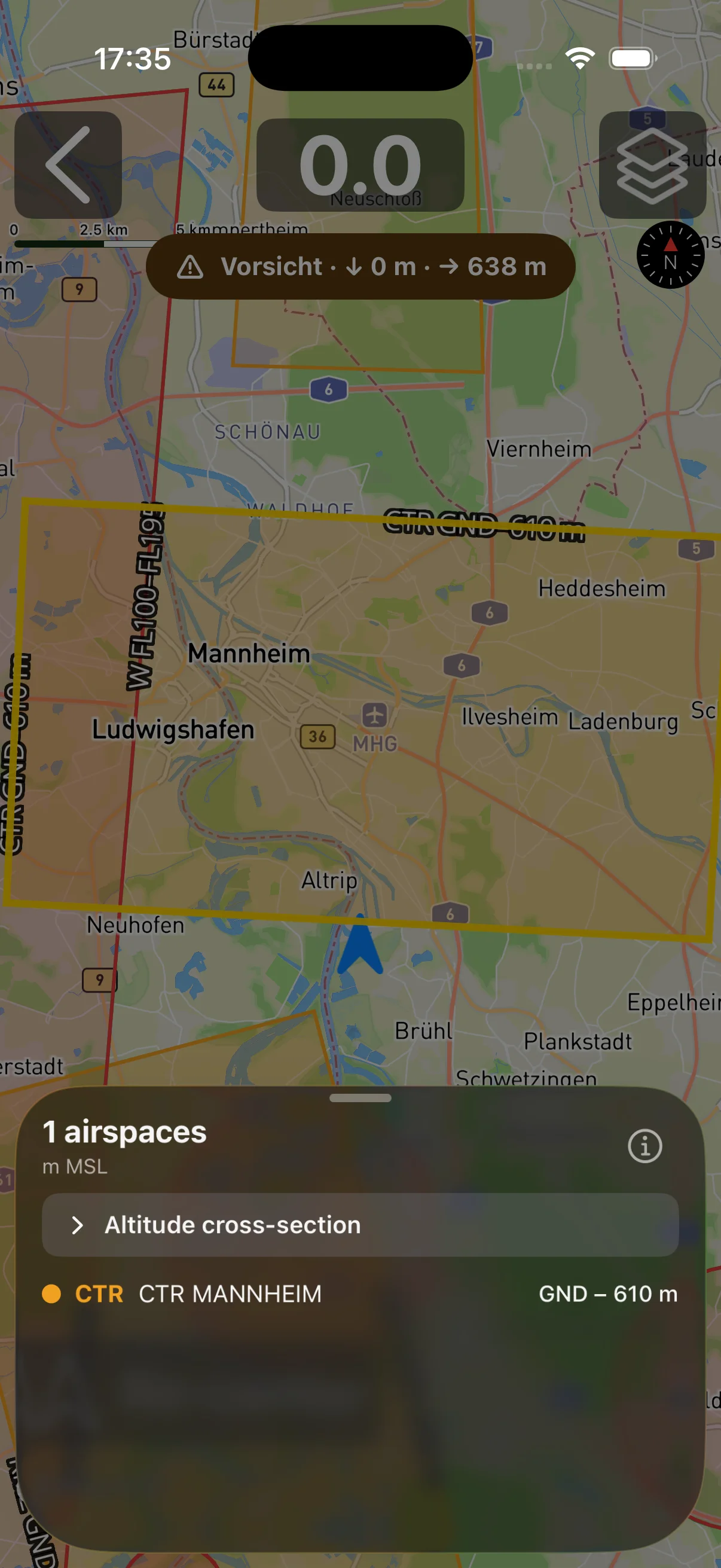 Airspace map with active warning zones