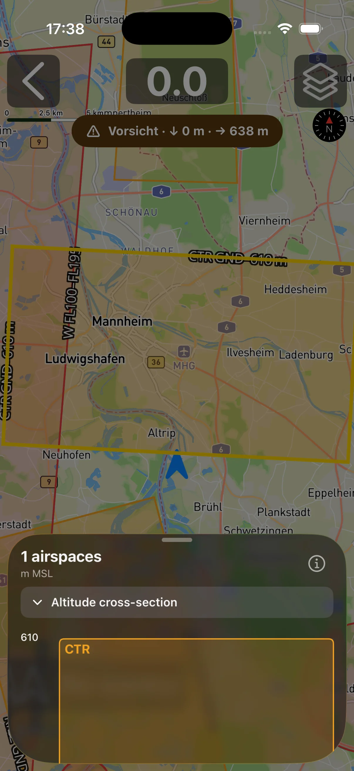 Altitude cross-section of an airspace warning