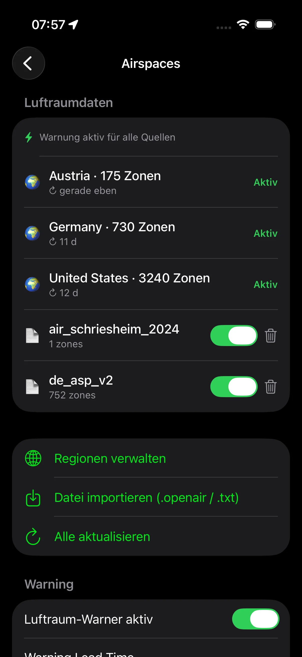 Airspace settings: voice alerts, advance warning time and OpenAir import