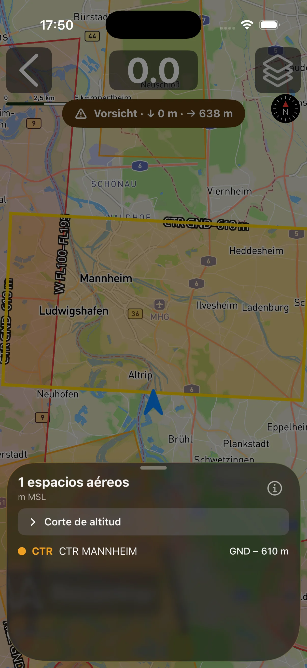 Mapa de espacio aéreo con zonas de alerta activas