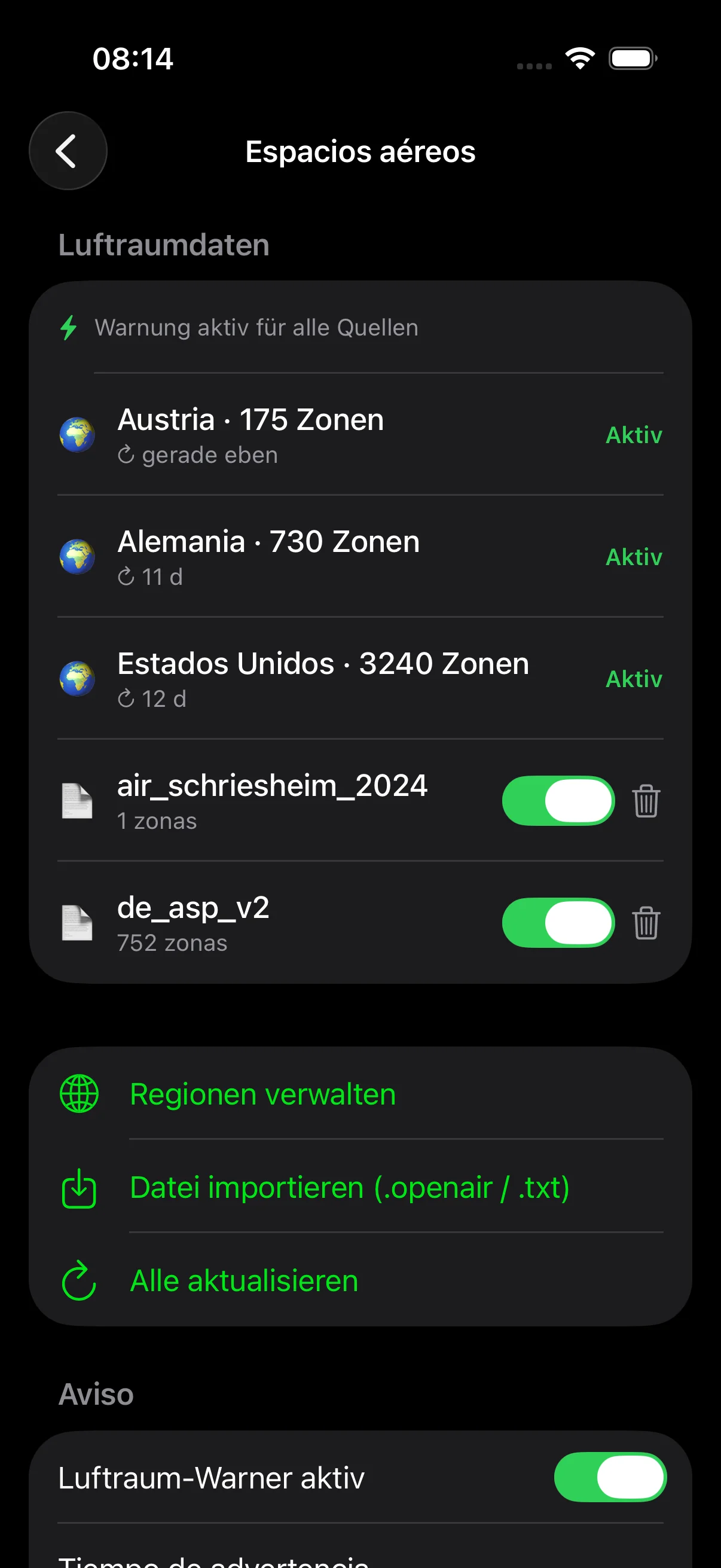 Importar archivo (.openair) – regiones de espacio aéreo desde archivos personalizados