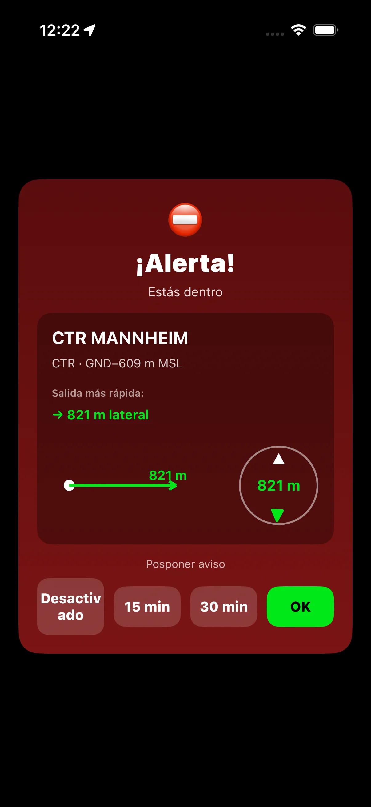 Alerta a pantalla completa: ¡Alerta! Estás dentro del CTR MANNHEIM – con opciones de aplazamiento