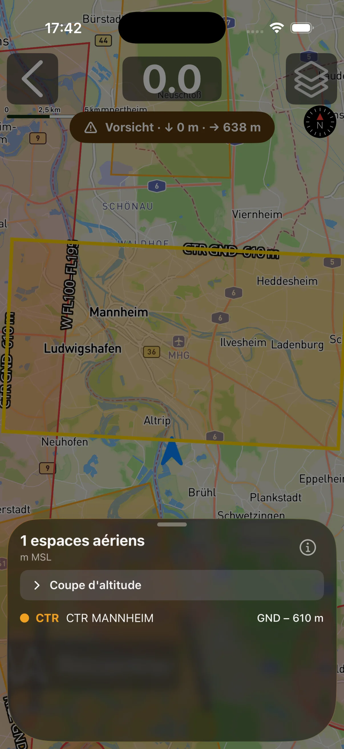 Carte d'espace aérien avec zones d'avertissement actives