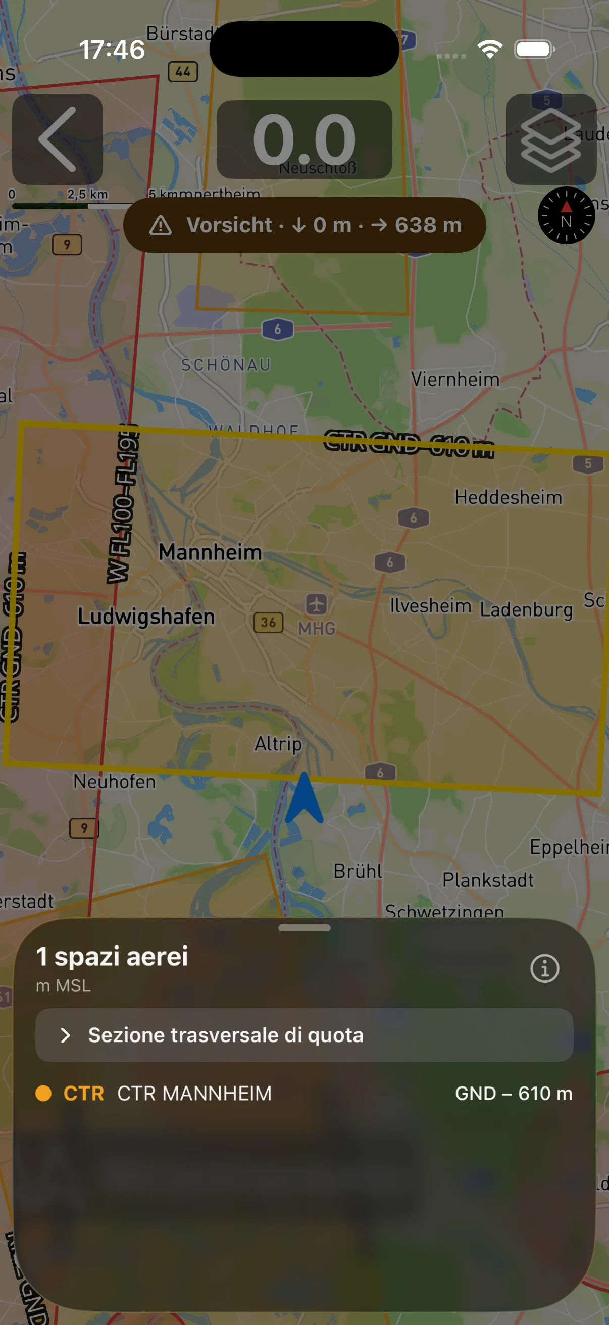 Mappa dello spazio aereo con zone di allerta attive