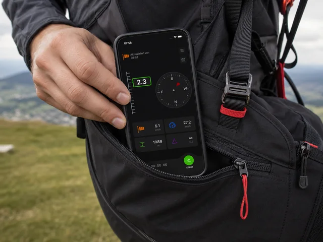 Smartphone mit Vario One in einer Gurtzeug-Seitentasche