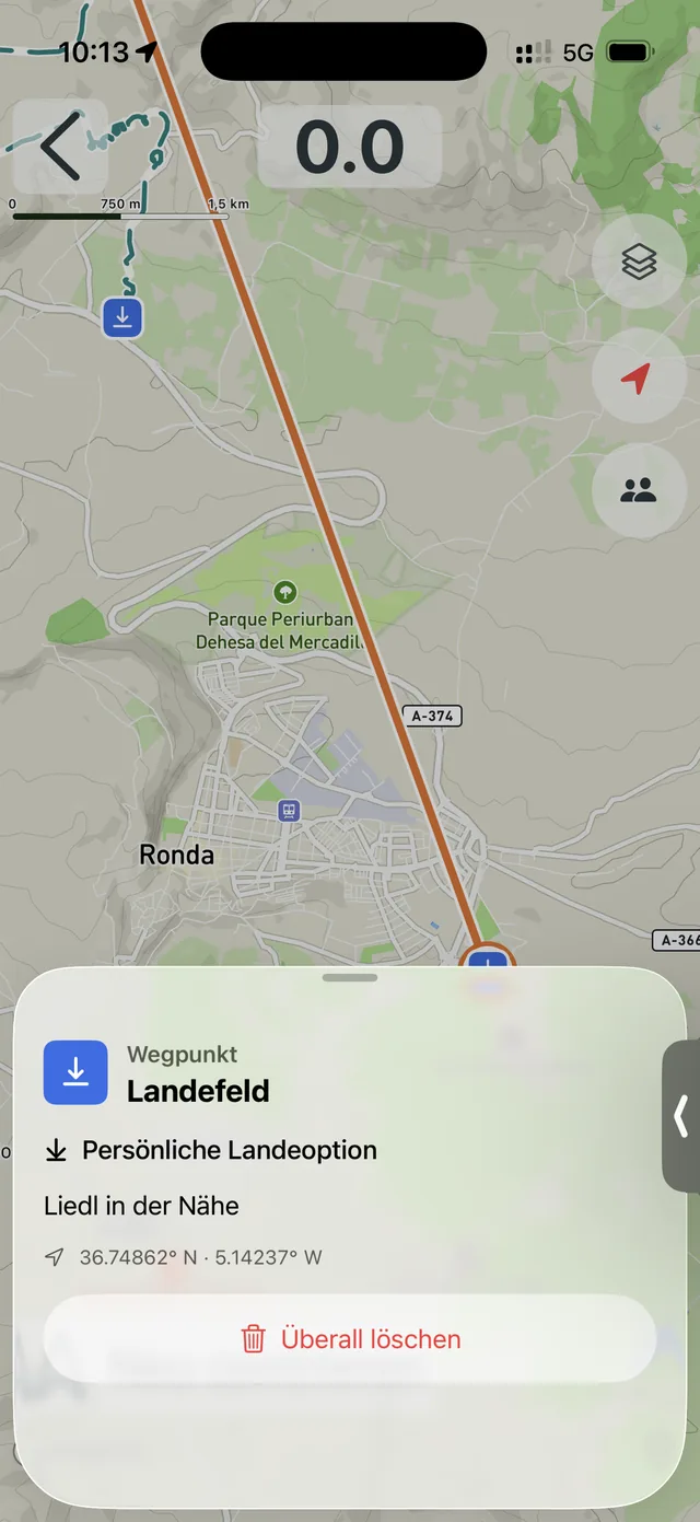 Vario One App: persönlicher Wegpunkt „Landefeld“ mit eigenem Hinweis