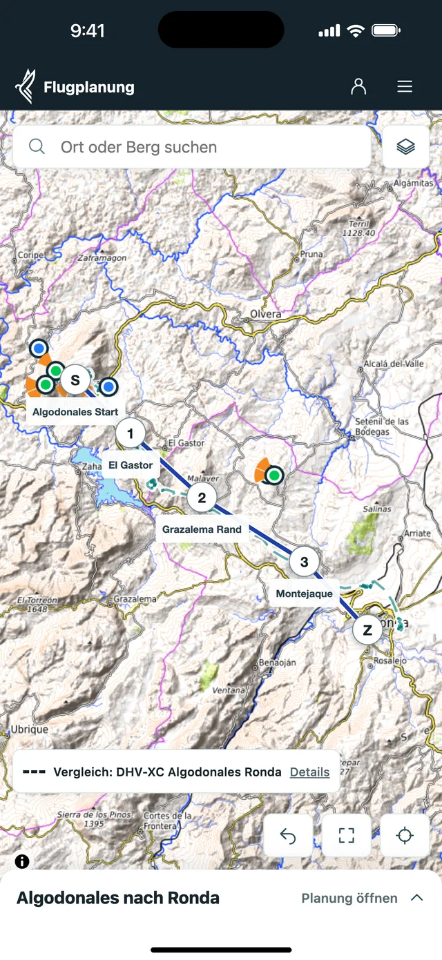 Planer auf dem Handy: Route Algodonales nach Ronda mit gestricheltem Vergleichsflug