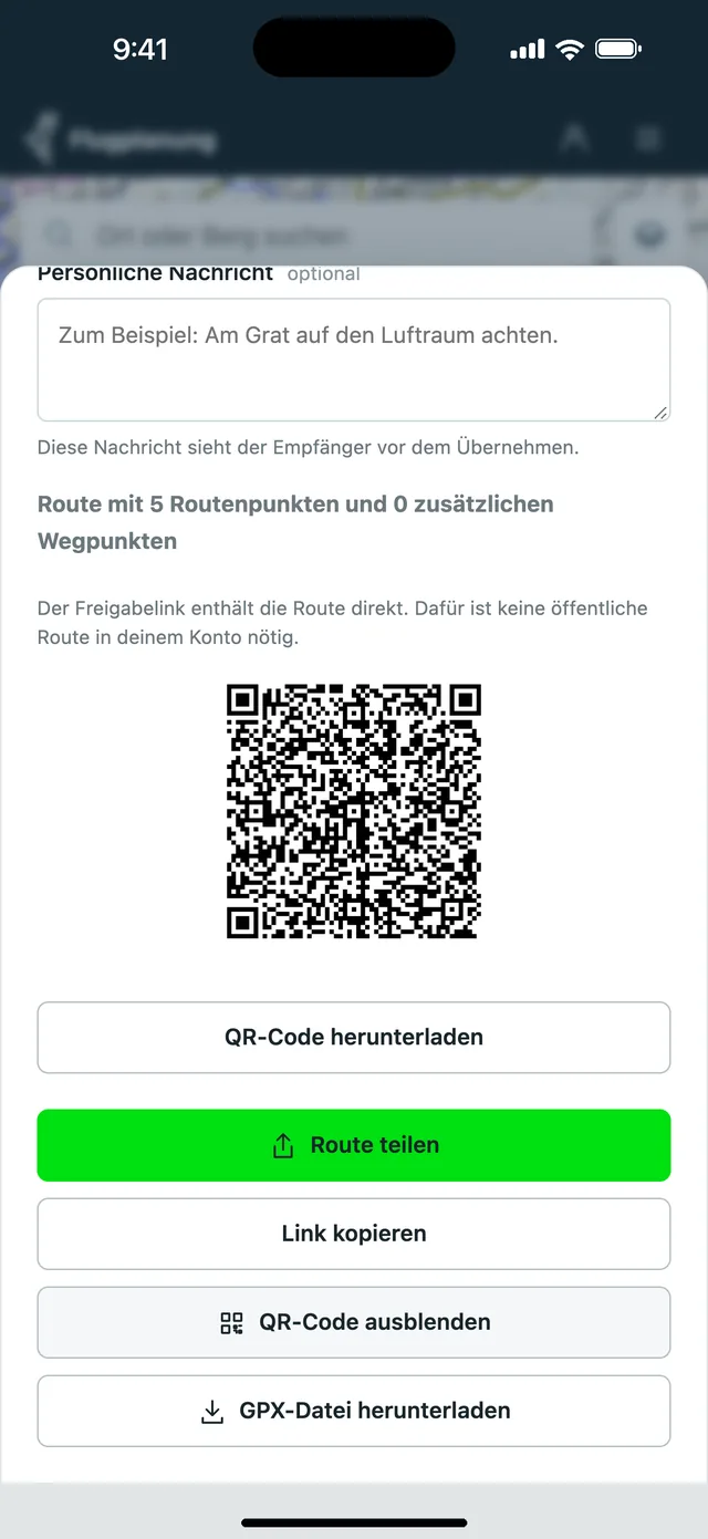 QR-Code zum Teilen einer geplanten Gleitschirmroute im Vario One Planer