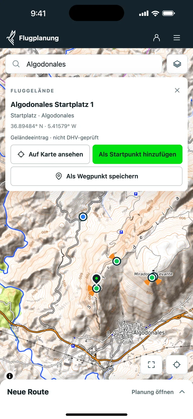 Planer auf dem Handy: Startplatz Algodonales gesucht, mit „Als Startpunkt hinzufügen“ beginnt die Route