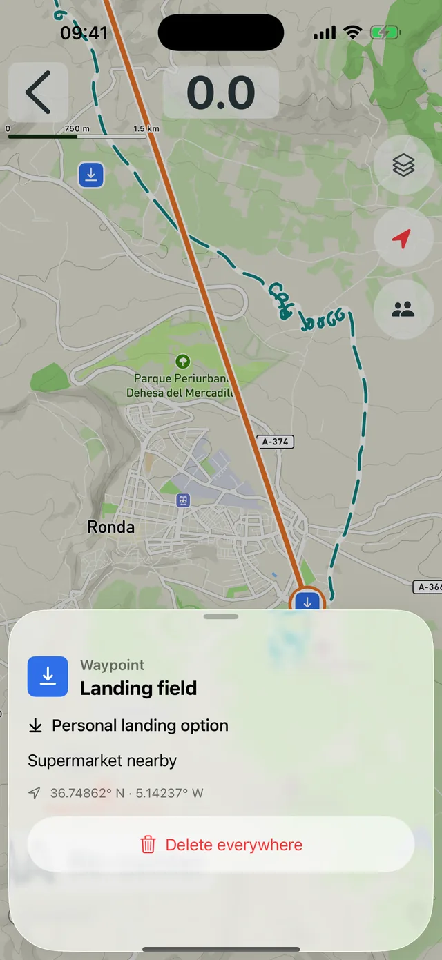 Vario One app: personal waypoint “Landing field” with your own note