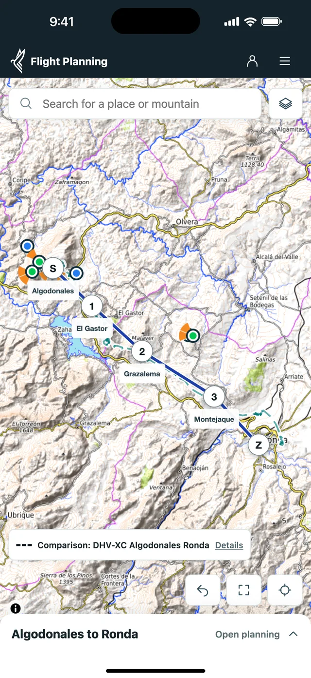 Planner on a phone: route from Algodonales to Ronda with a dashed comparison flight