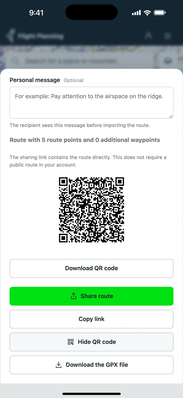 QR code for sharing a planned paragliding route in the Vario One planner