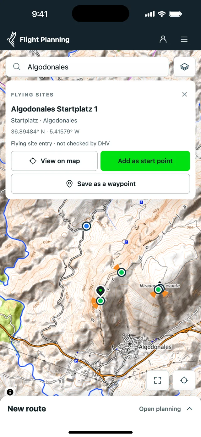 Planner on a phone: launch site Algodonales found in search, ready to become the start of the route