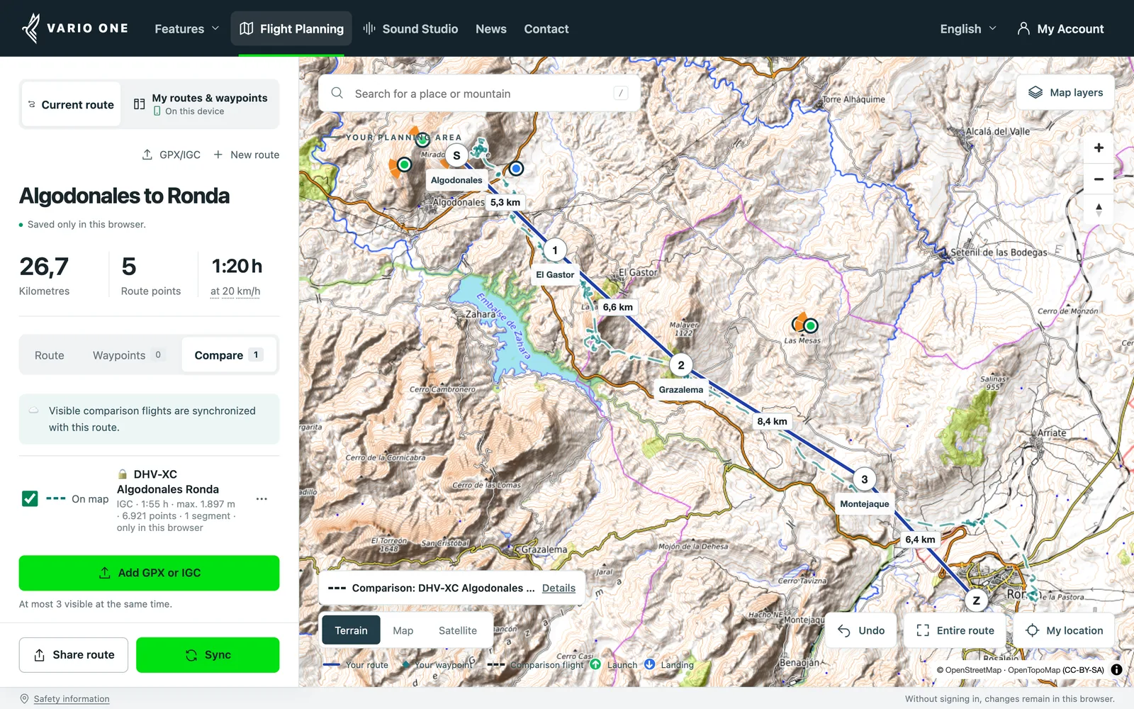 Vario One XC planner: planned route from Algodonales to Ronda with a DHV-XC flight as a dashed comparison line