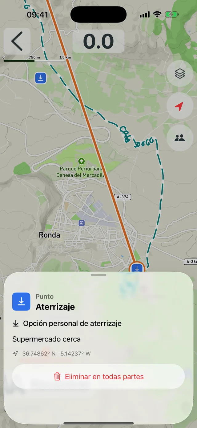 App Vario One: punto de referencia personal «Aterrizaje» con tu propia nota