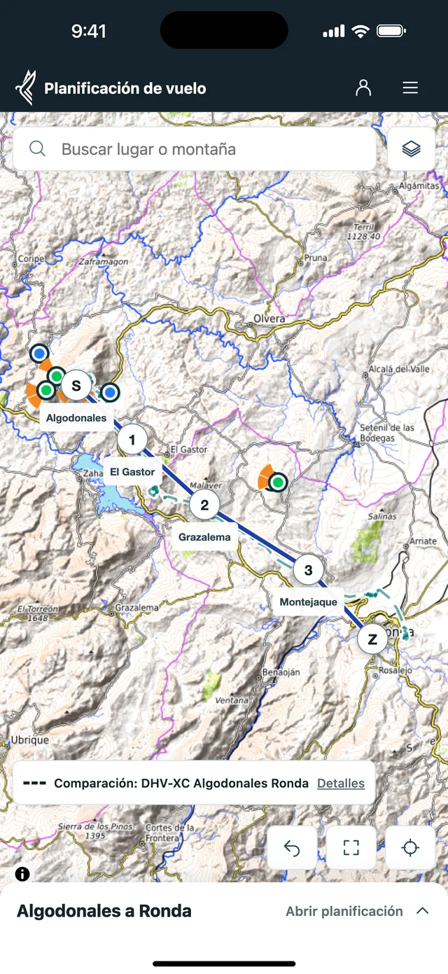 Planificador en el móvil: ruta de Algodonales a Ronda con un vuelo de comparación discontinuo