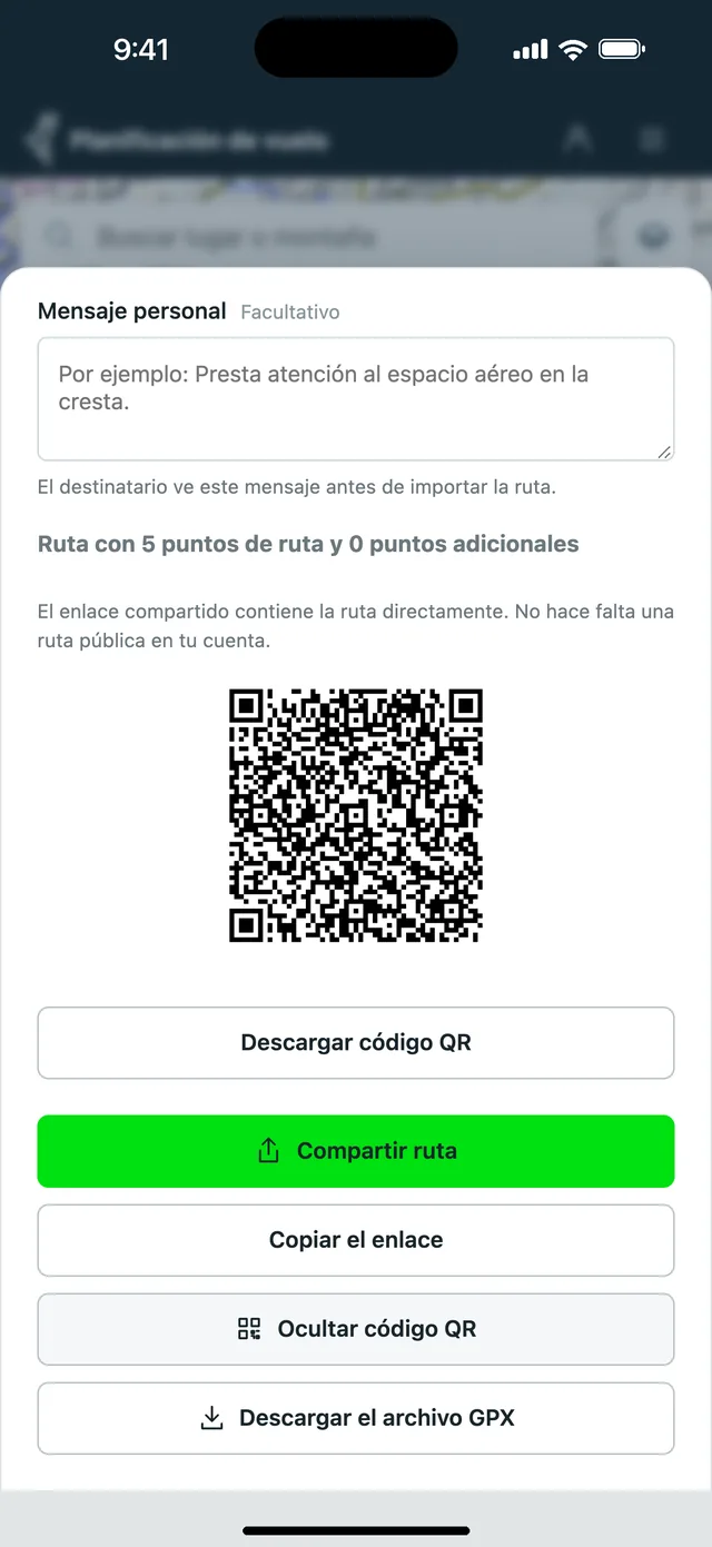 Código QR para compartir una ruta de parapente en el planificador de Vario One