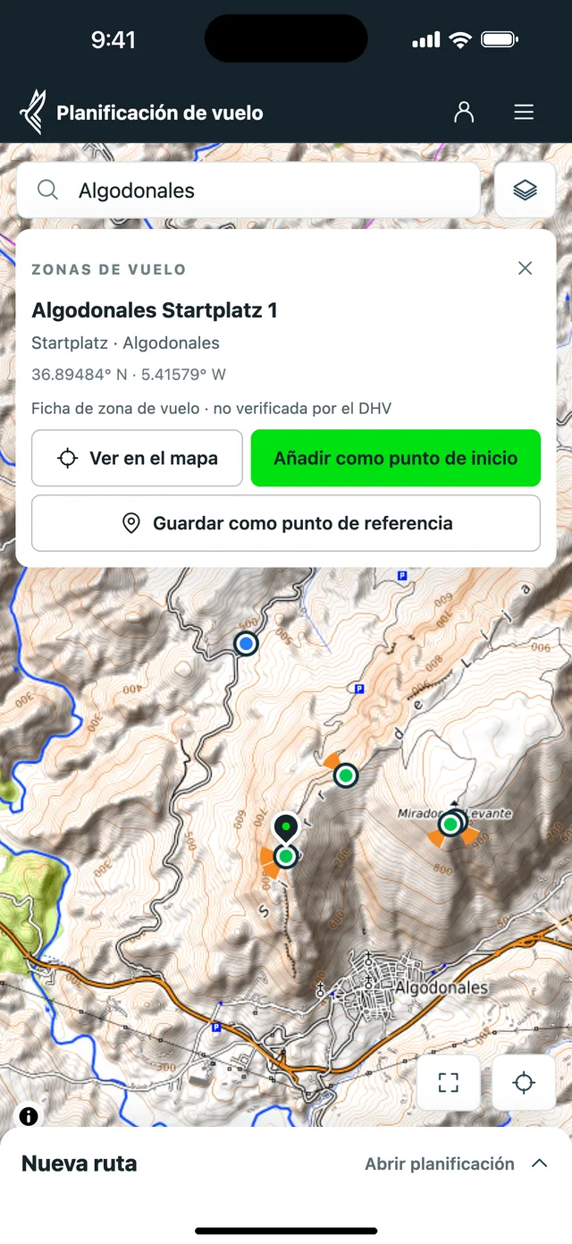 Planificador en el móvil: despegue de Algodonales encontrado en la búsqueda, listo para ser el inicio de la ruta