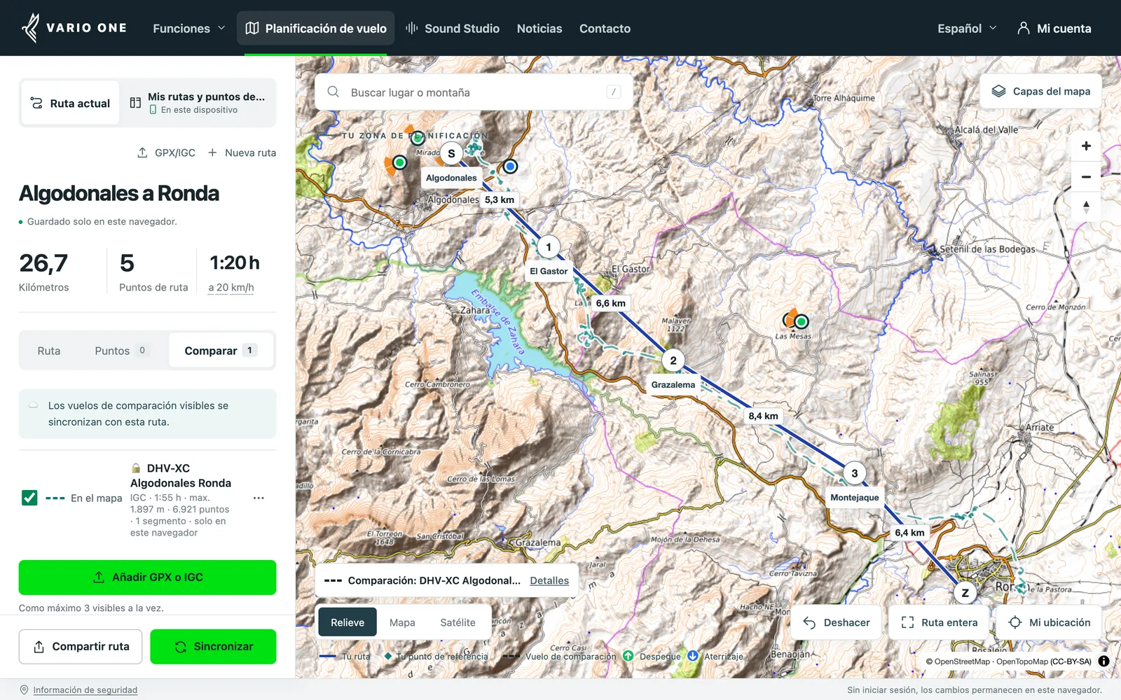Planificador XC de Vario One: ruta de Algodonales a Ronda con un vuelo de DHV-XC discontinuo como comparación
