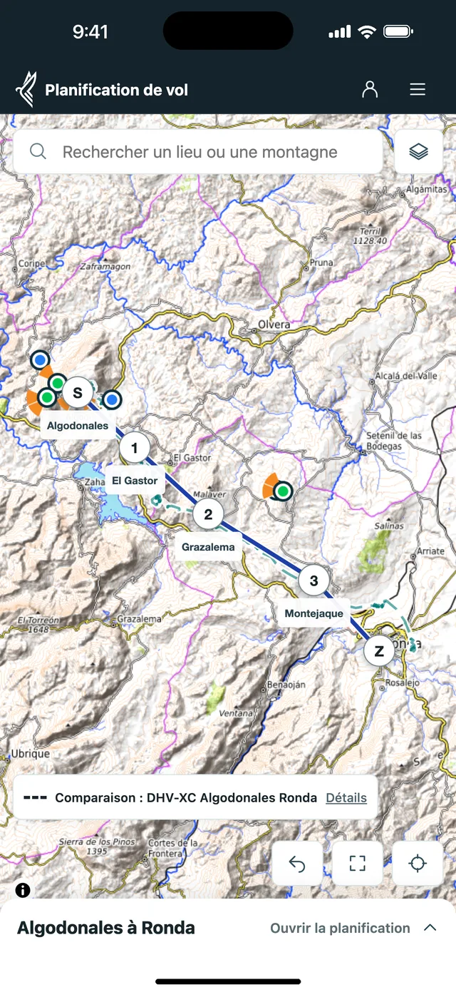 Planificateur sur téléphone : itinéraire d’Algodonales à Ronda avec un vol de comparaison en pointillés