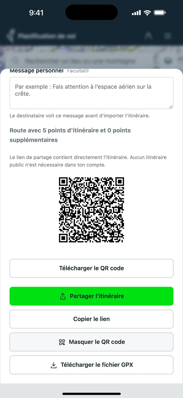 QR code pour partager un itinéraire de parapente dans le planificateur Vario One