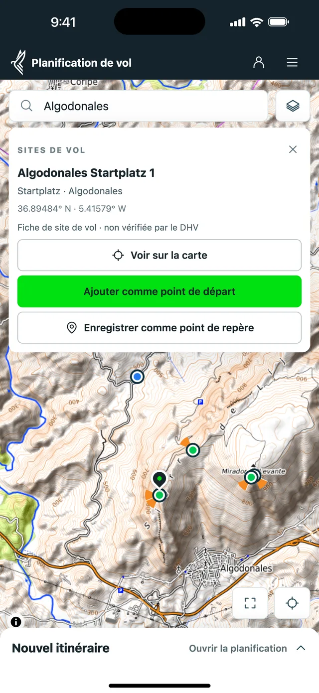 Planificateur sur téléphone : décollage d’Algodonales trouvé par la recherche, prêt à devenir le départ de l’itinéraire