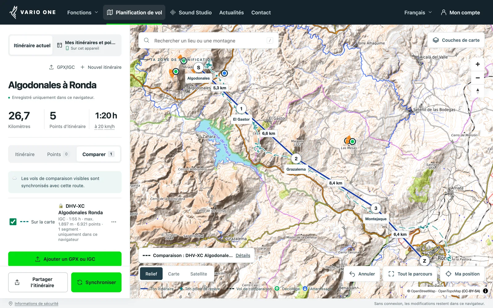 Planificateur XC Vario One : itinéraire d’Algodonales à Ronda avec un vol DHV-XC en pointillés comme comparaison