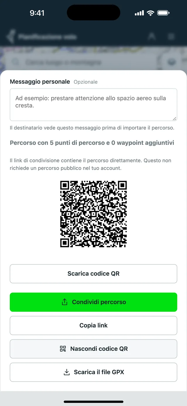 Codice QR per condividere un percorso di parapendio nel pianificatore Vario One