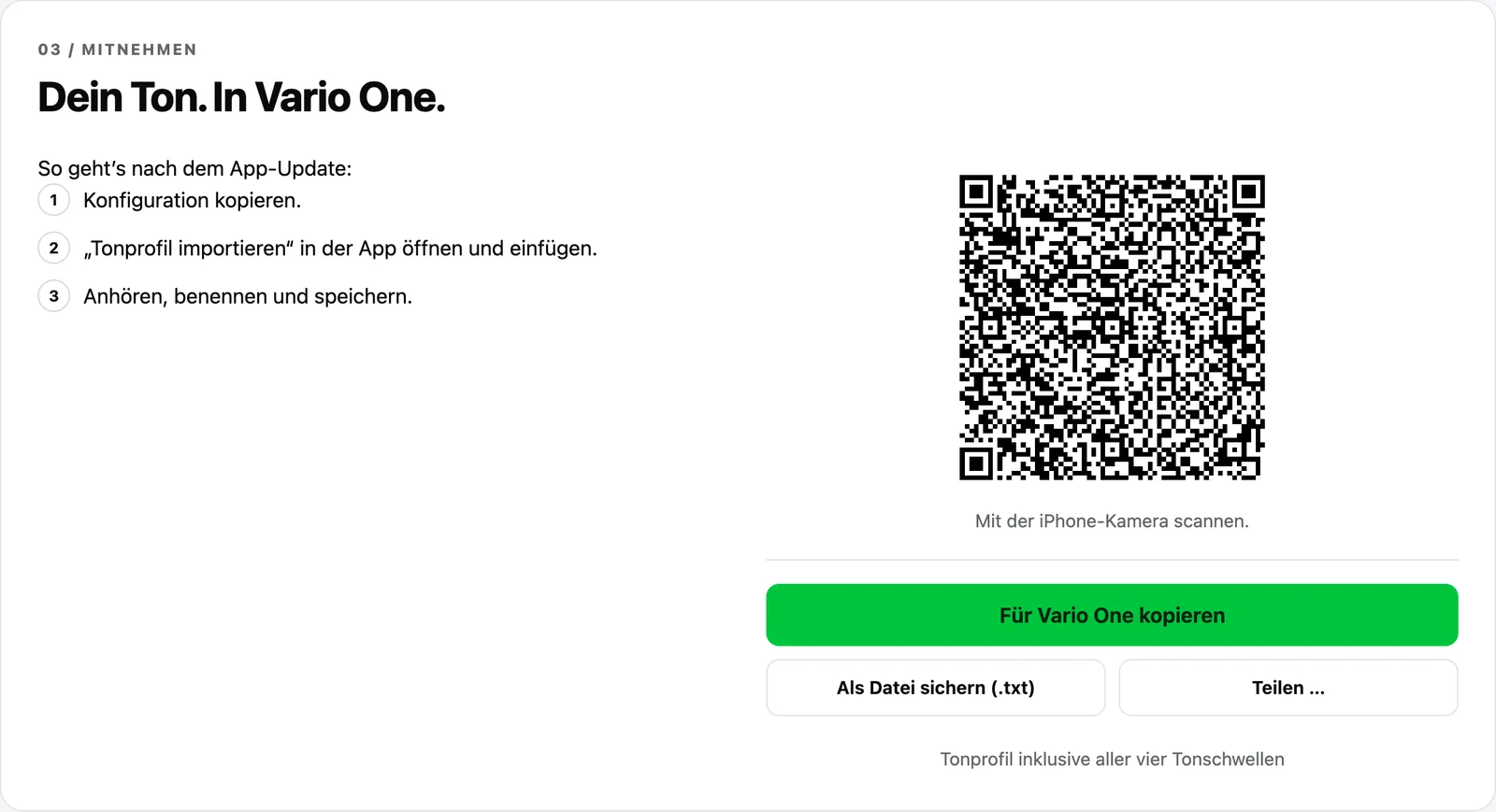 Sound Studio: Tonprofil per QR-Code oder Kopieren in Vario One übertragen